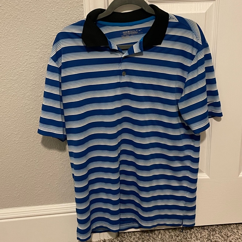 Nike Golf Mens Polo Tour Performance, Dri-Fit, Blue Stripes, Black Collar Medium